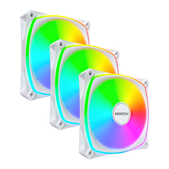 Montech RX120 Pro ARGB 120mm White Reverse PWM Fan Triple Pack w/ Fan Hub