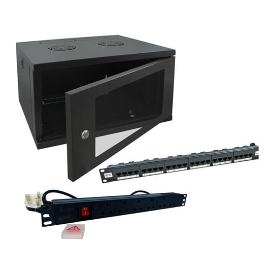 Refurbished Xclio 6U Wall Mount Rack Cabinet with 24P CAT6e Patch Panel & 6 Way PDU