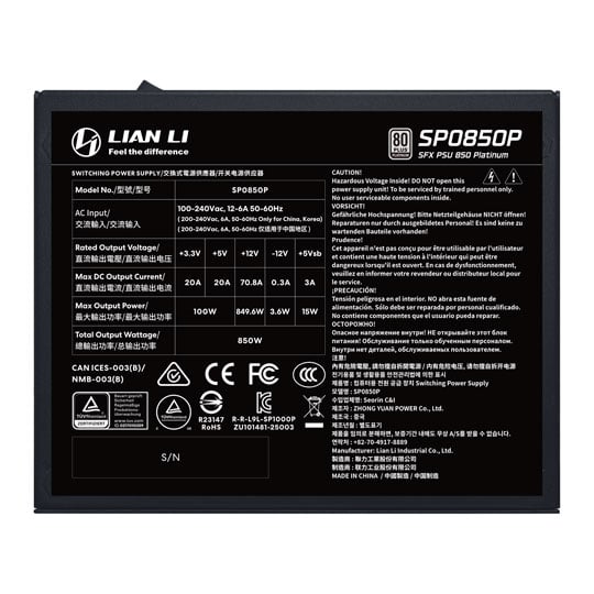 Lian Li SP Platinum 850W Fully Modular 80+ Platinum ATX 3.1 Black SFX PSU / Power Supply : image 3