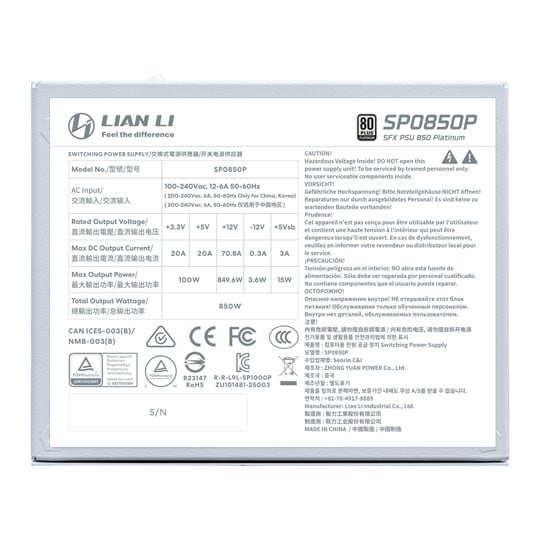 Lian Li SP Platinum 850W Fully Modular 80+ Platinum ATX 3.1 White SFX PSU / Power Supply : image 3