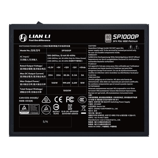 Lian Li SP Platinum 1000W Fully Modular 80+ Platinum ATX 3.1 Black SFX PSU / Power Supply : image 3