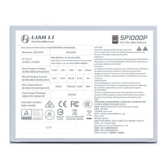 Lian Li SP Platinum 1000W Fully Modular 80+ Platinum ATX 3.1 White SFX PSU / Power Supply : image 3