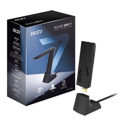 MSI BE6500 Wi-Fi 7 Tri Band USB 3.2 Gen1 Adapter with Stand MSI BE6500 Wi-Fi 7 Tri Band USB 3.2 Gen1 Adapter with Stand