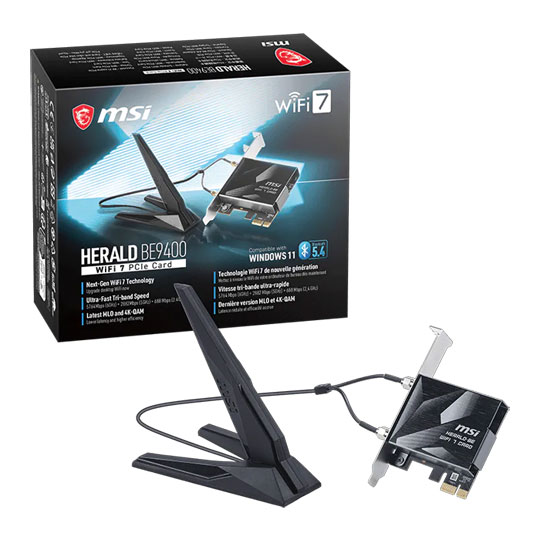 MSI HERALD BE9400 Wi-Fi 7 Tri-Band PCIe x1 Expansion Card with High-Gain Antenna MSI HERALD BE9400 Wi-Fi 7 Tri-Band PCIe x1 Expansion Card with High-Gain Antenna