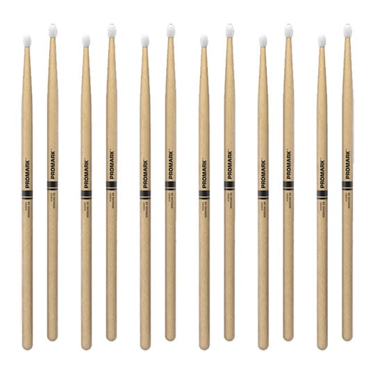 6 x Pairs ProMark Rebound 5B Hickory Drumstick, Oval Nylon Tip