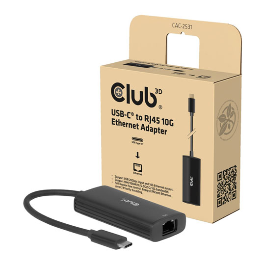 Club3D USB Type-C 10G to RJ45 Ethernet M / F Adapter Club3D USB Type-C 10G to RJ45 Ethernet M / F Adapter