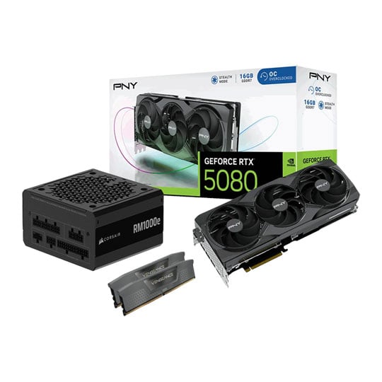 PNY NVIDIA RTX 5080 OC 16GB + Corsair Vengeance 32GB DDR5 OEM + 1000W Corsair RM1000e PSU Bundle