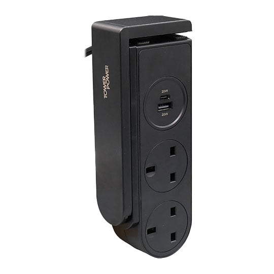 Tower Power 2 Gang Clip On Mains Extension Lead with 20W 1x USB A, 1x USB-C, 1.5m, Black : image 2