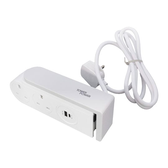 Tower 1.5 Metre Portable 2 Socket Travel Mains Clip-On Extension Lead White : image 1