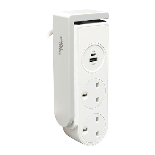 Tower 1.5 Metre Portable 2 Socket Travel Mains Clip-On Extension Lead White : image 2