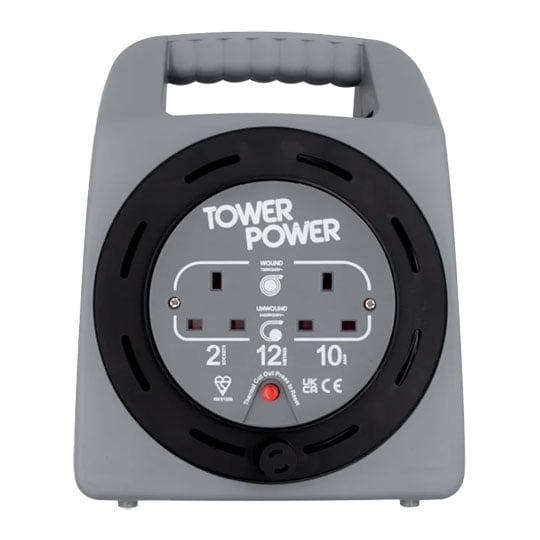 Tower 12 Metre 2 Socket Portable Cable Reel Grey / Black : image 1