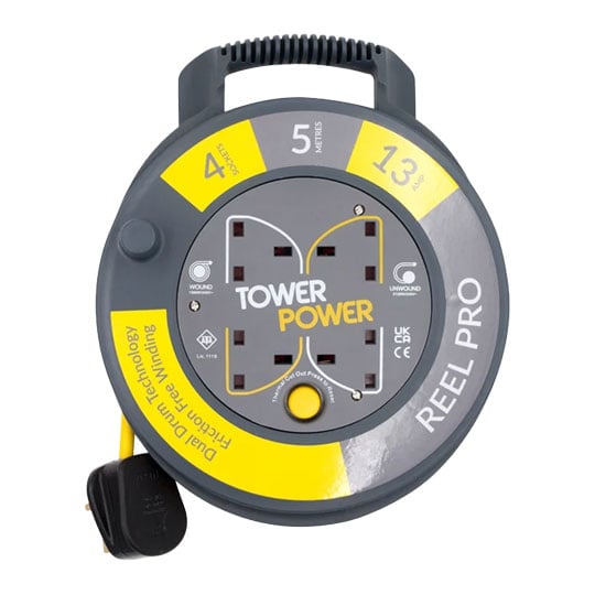 Tower 5 Metre 4 Socket Portable Cable Reel Grey / Yellow : image 1