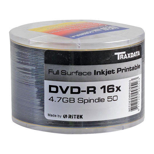 50pcs Cello Wrapped, Traxdata, 4.7Gb DVD-R 16x, Single Layer Full Face Printable, 120min