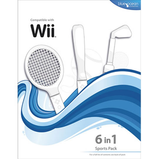Blue Ocean 6 in 1 accessory pack Wii (Tennis,Bat,Golf Attachments + Holder & 2x Wrist Strap) : image 1