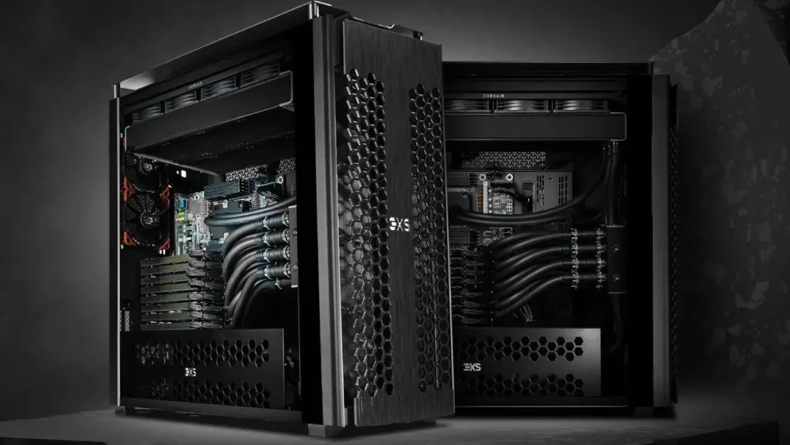 Two liquid-cooled 3XS eight-GPU AI desktop workstations