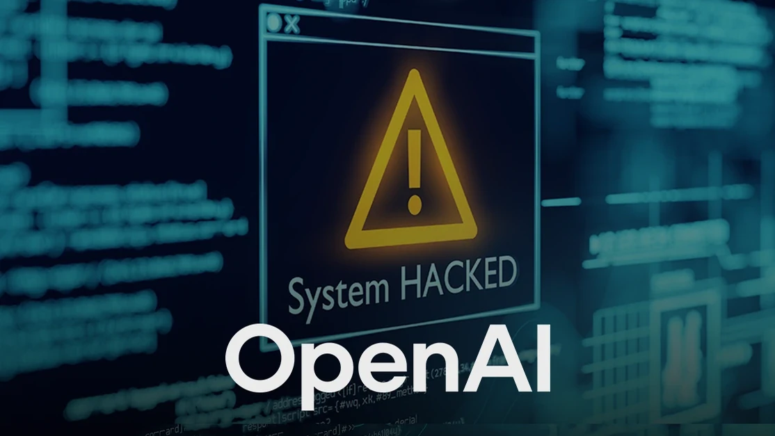 OpenAI wordmark over a system hacked warning