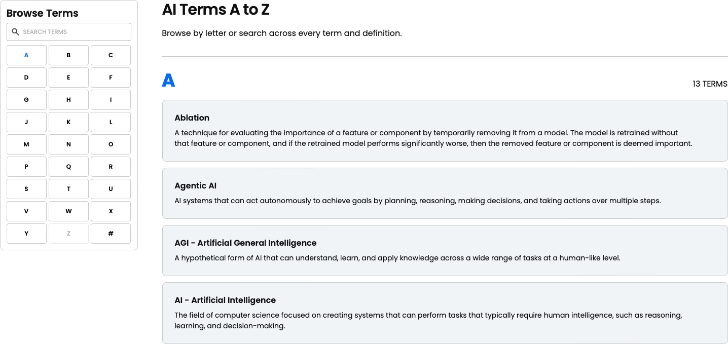 Scan AI Glossary showing searchable terms from A to Z