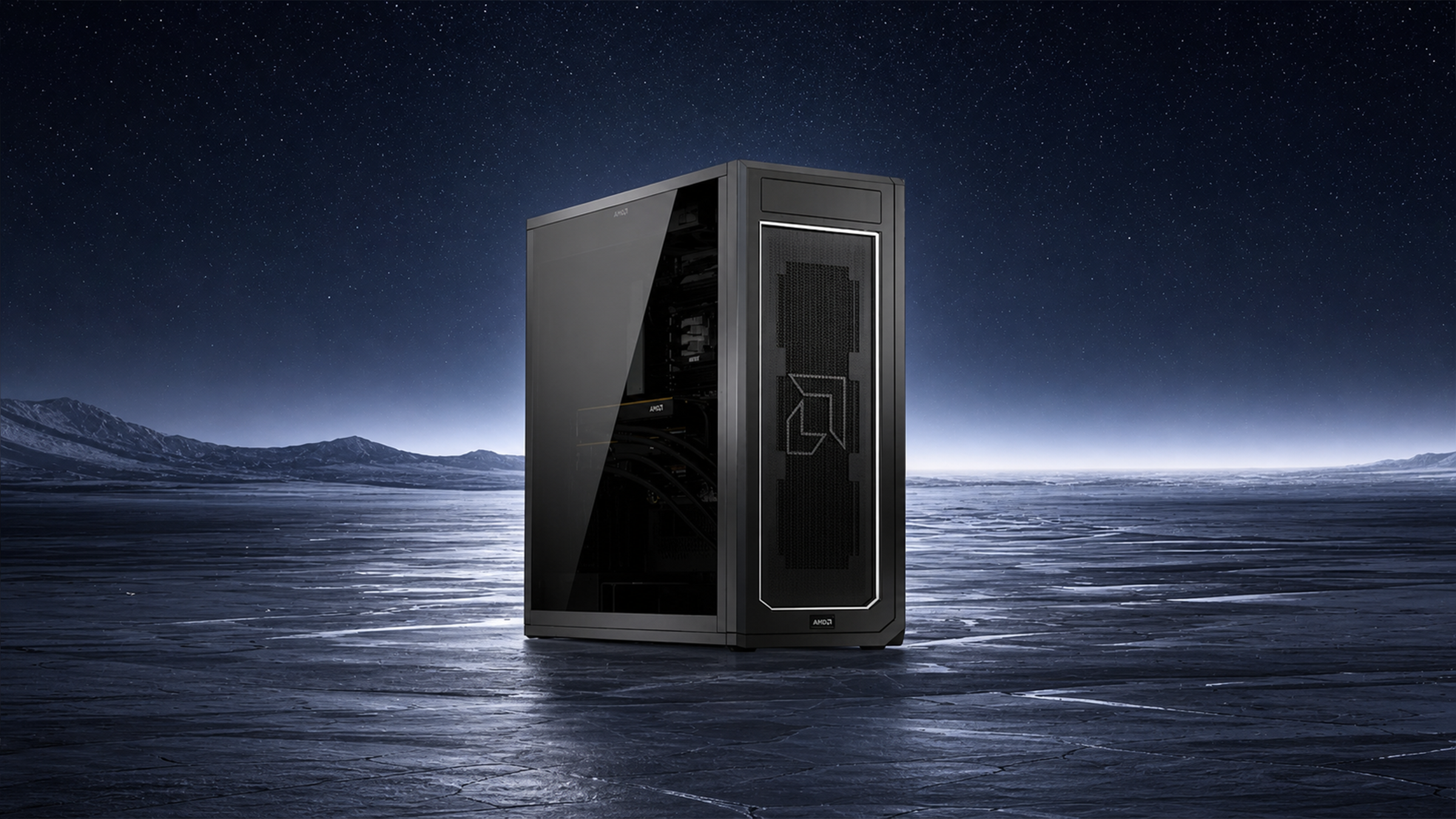 AMD Threadripper Halo Station workstation in a dark mountain landscape