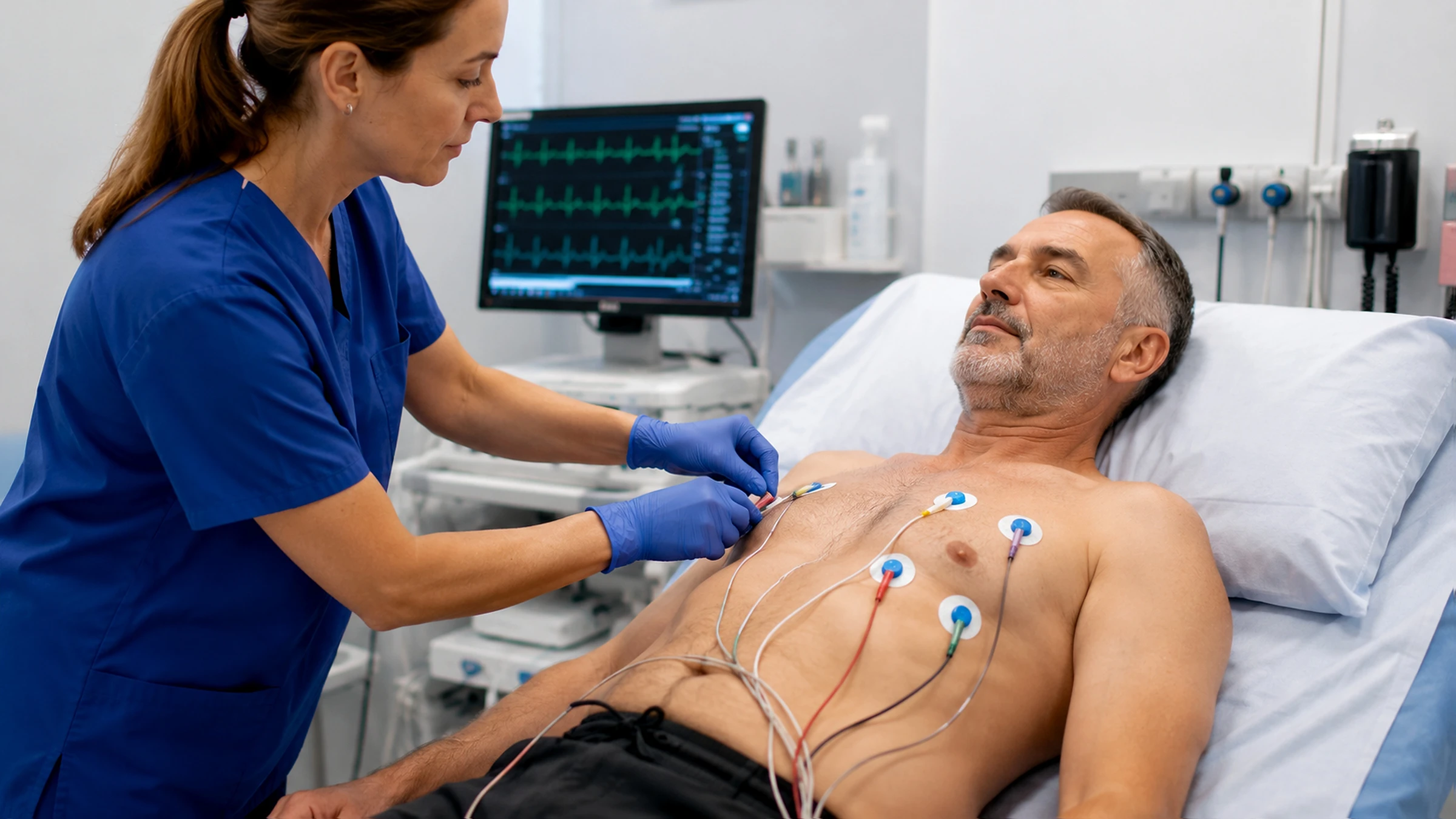 Nurse preparing a patient for an ECG test