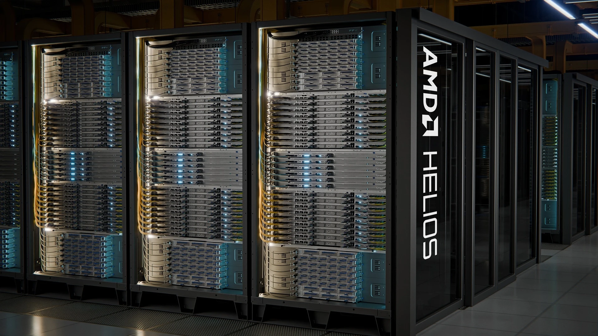 AMD Helios rack-scale AI system shown in a data centre