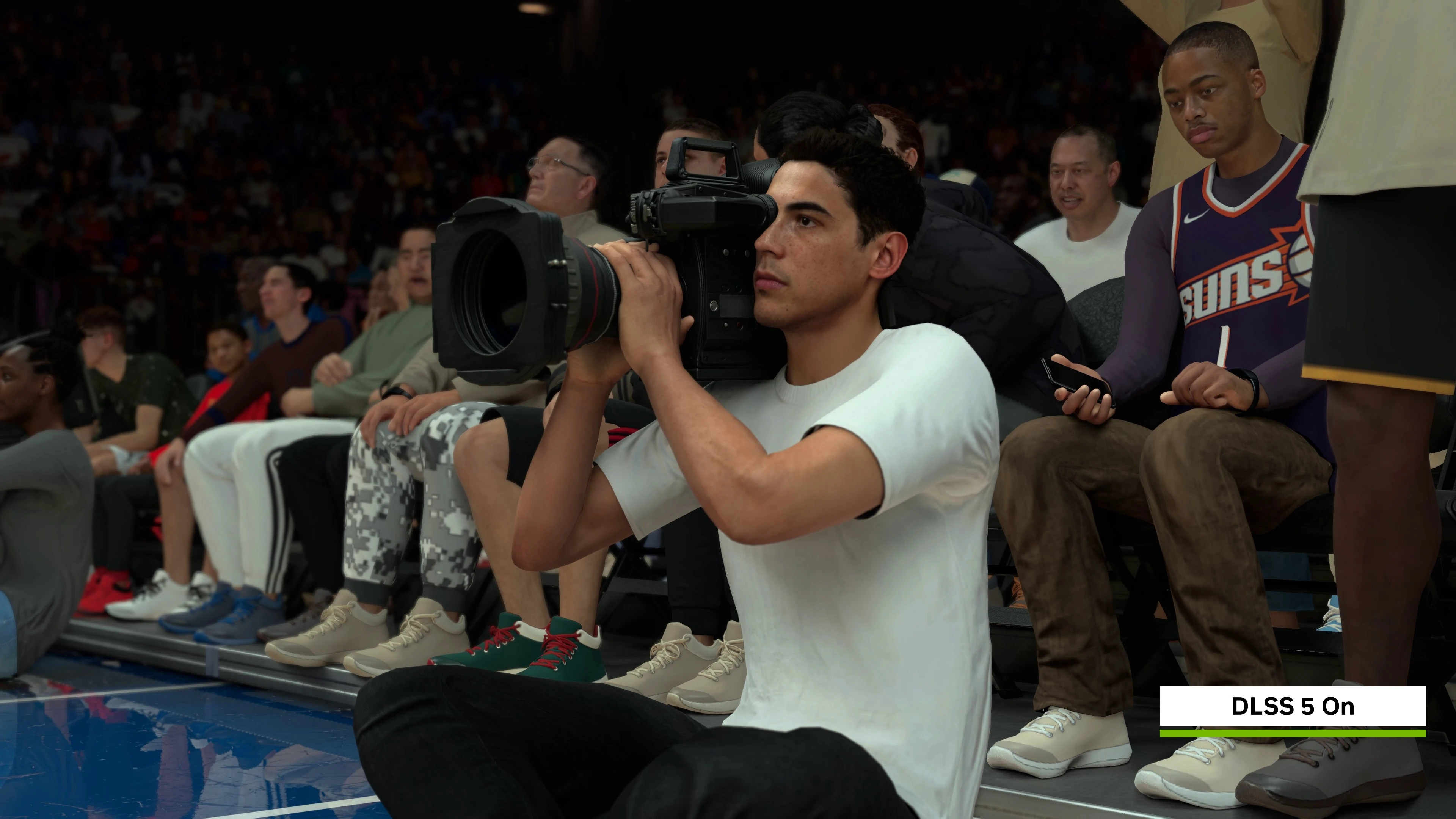 Courtside camera operator in NBA 2K27 with DLSS 5 on