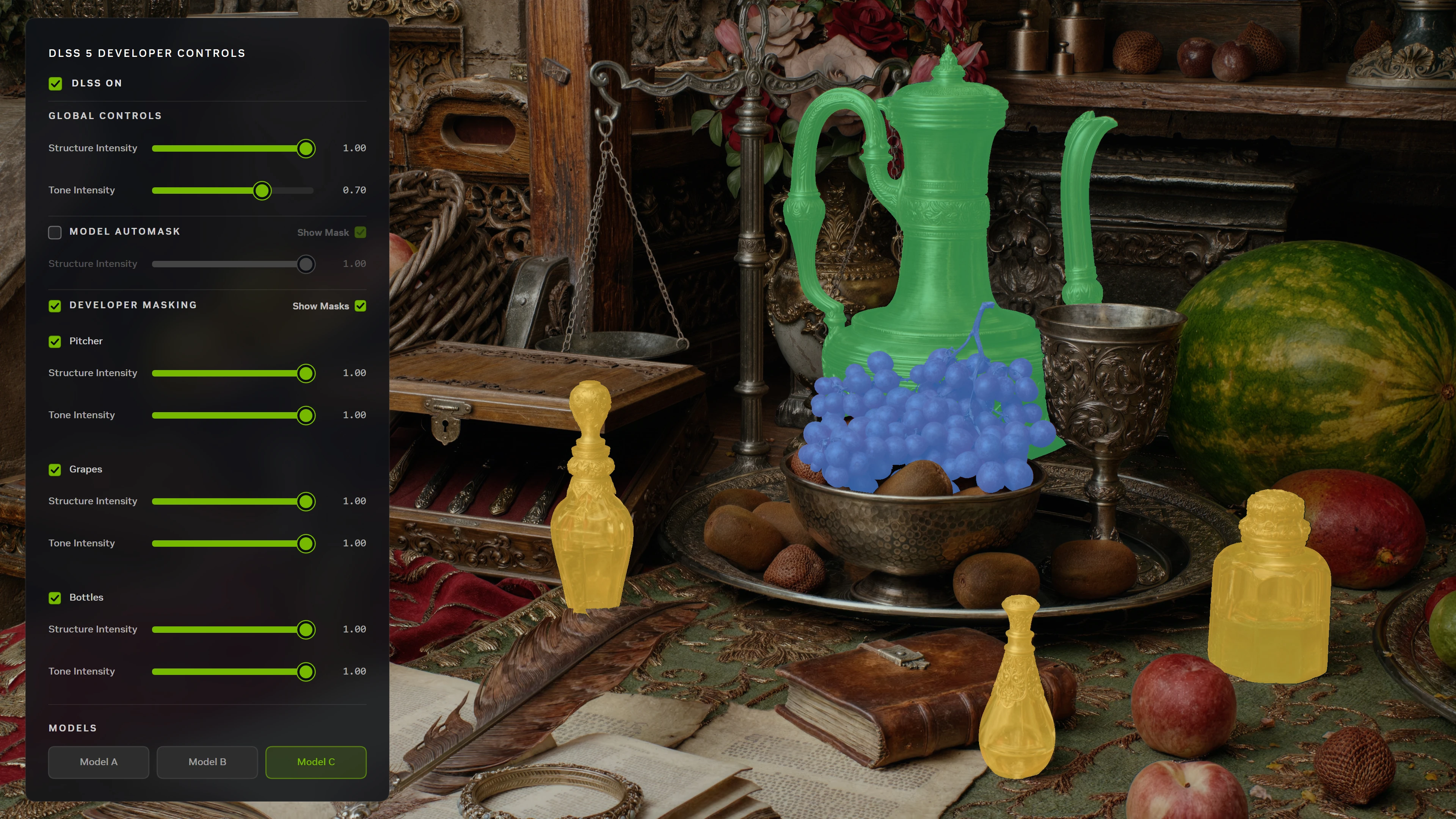 DLSS 5 developer controls applying separate masks and intensity settings to scene objects