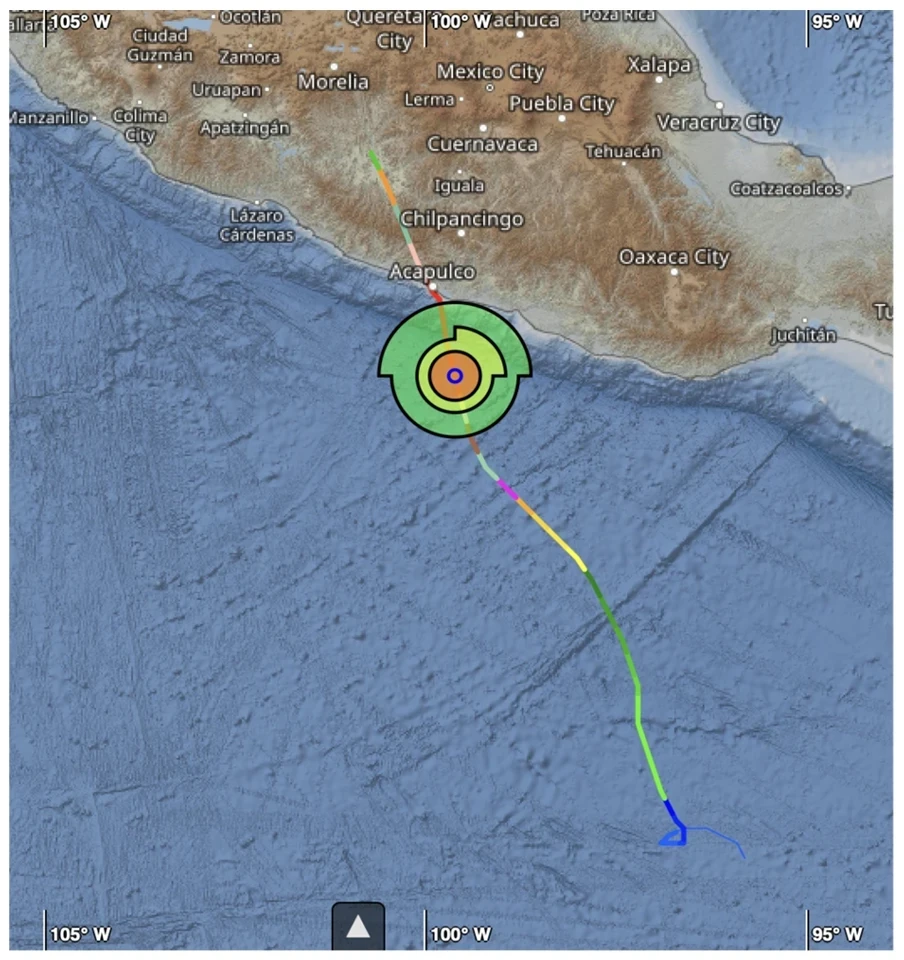 Satellite and storm-track map showing Hurricane Otis approaching Mexico