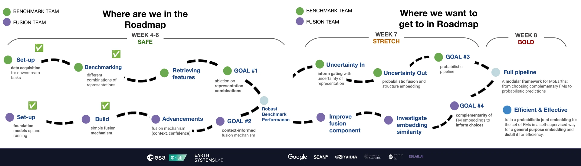 Combined week four to eight safe, stretch and bold development goals for the MoEarths Benchmark and Fusion teams