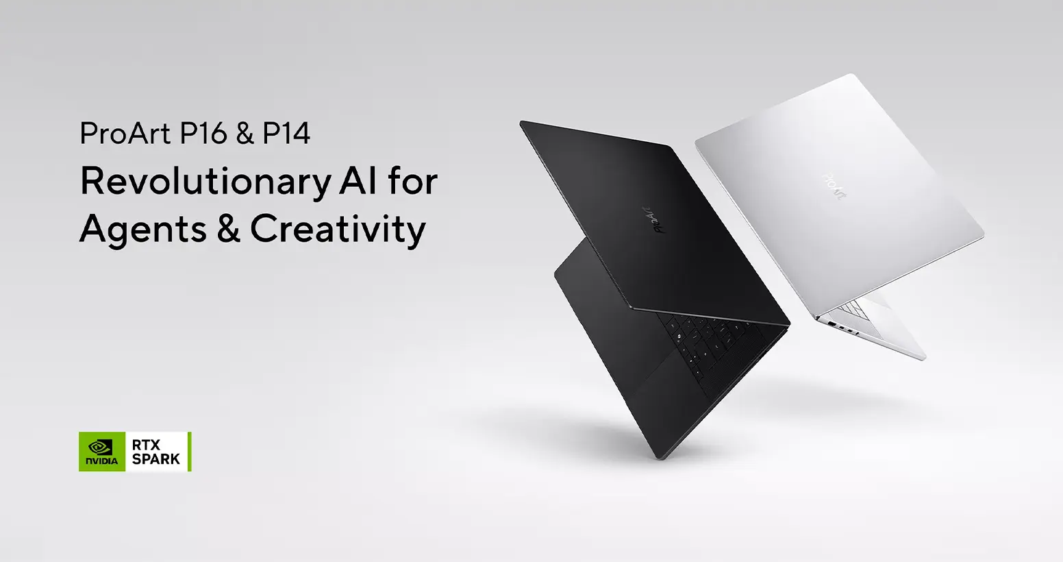 Asus ProArt P16 and P14 RTX Spark laptops in black and white finishes
