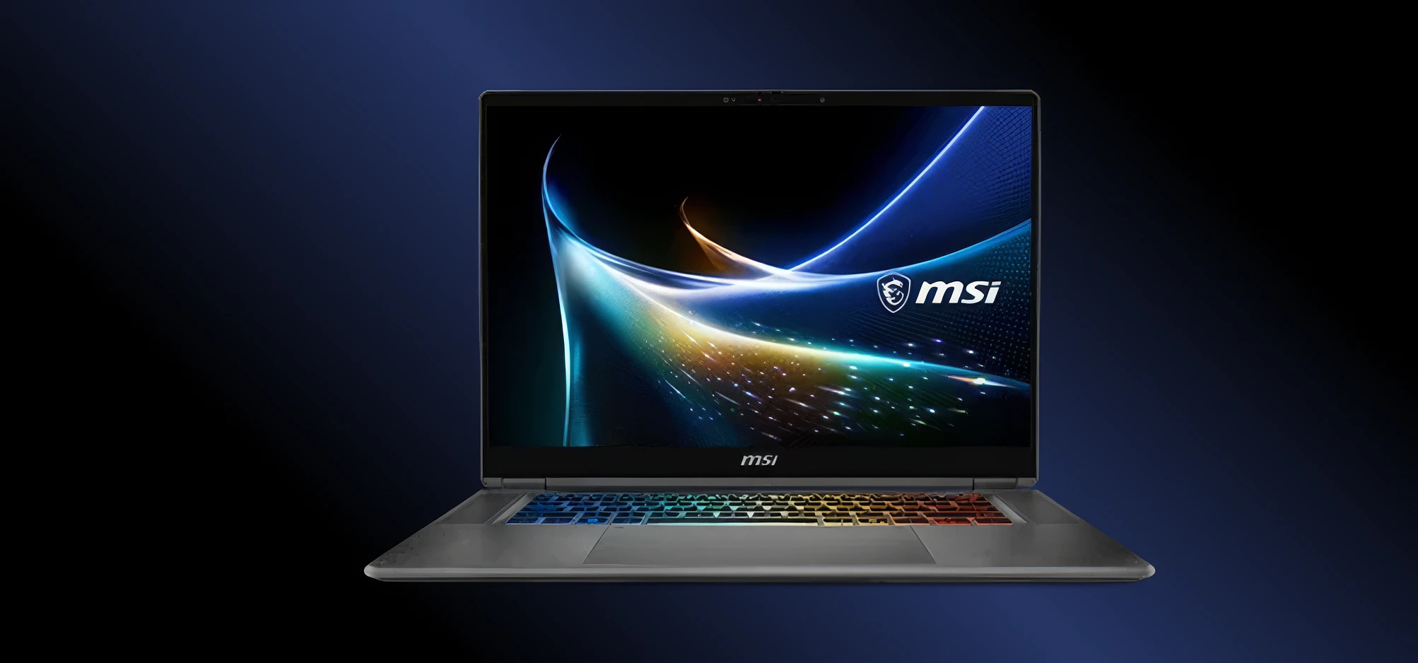 MSI Prestige N16 Flip AI+ laptop displaying a colourful abstract wallpaper