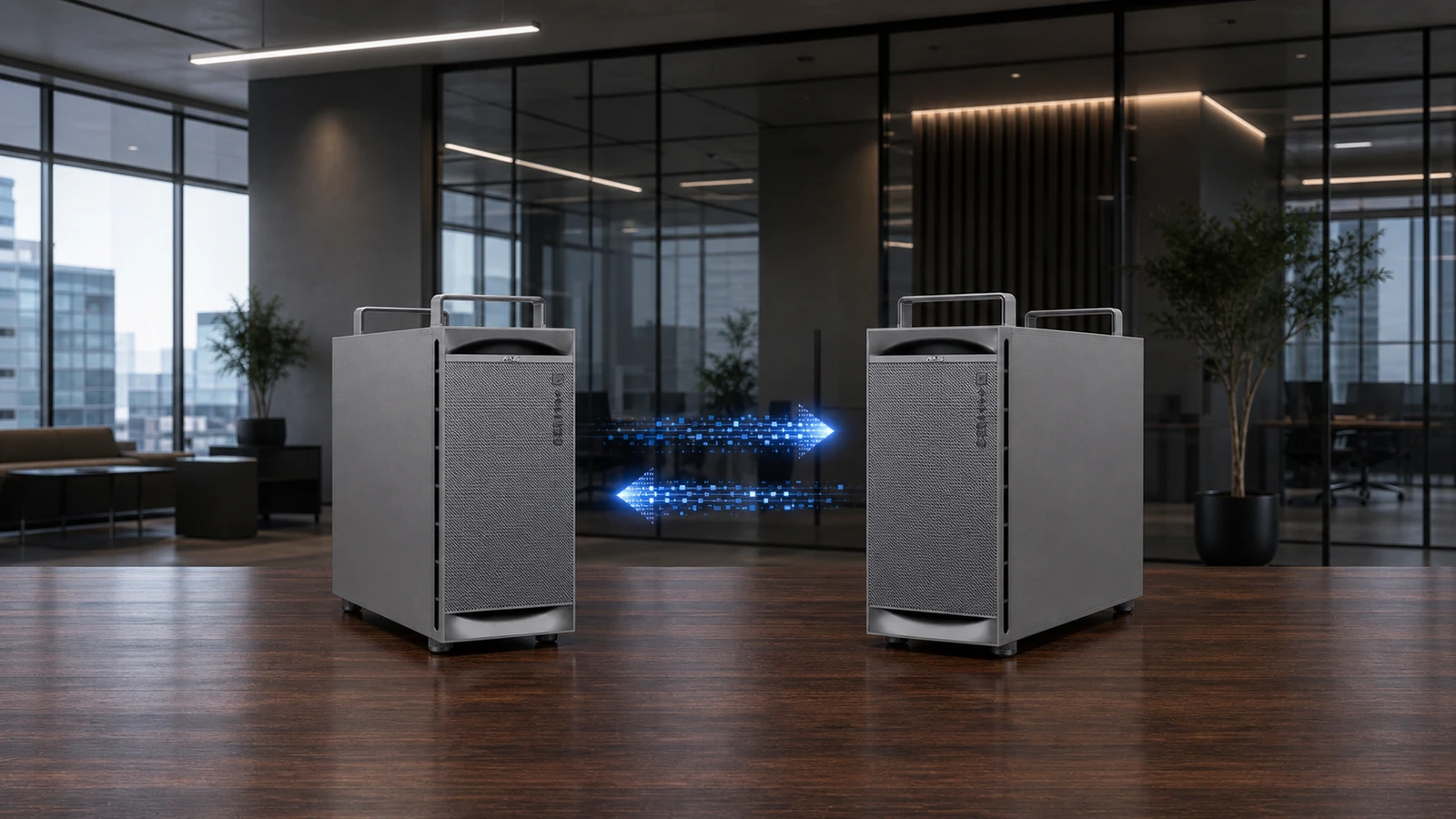 Two ASUS ExpertCenter Pro ET900N G3 NVIDIA GB300 Grace Blackwell Ultra AI workstations in a modern office with bidirectional data-packet arrows between them