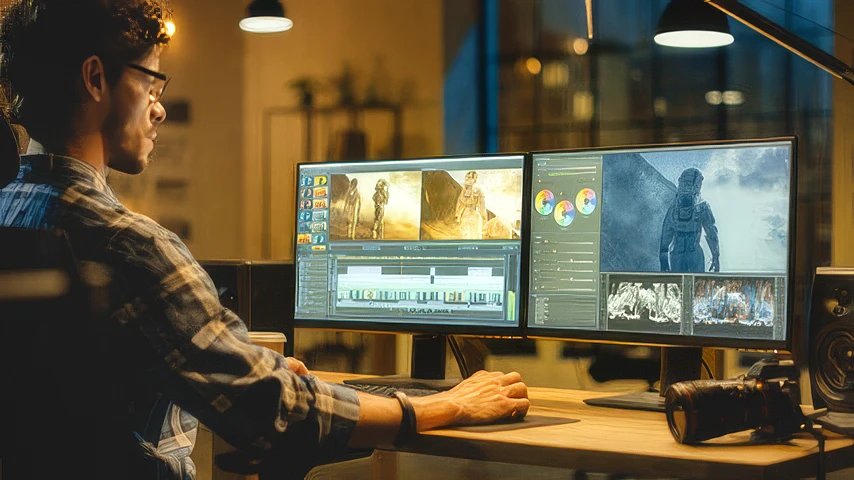 Man working in front of a computer with dual monitors