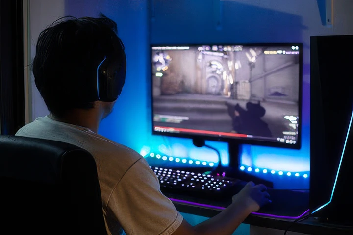 Man playing games on a desktop PC at a desk