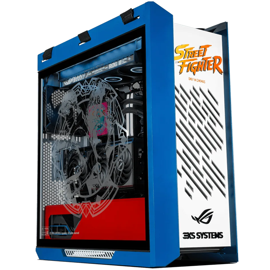 Street Fighter themed Scan 3XS ROG gaming PC in a blue and white case