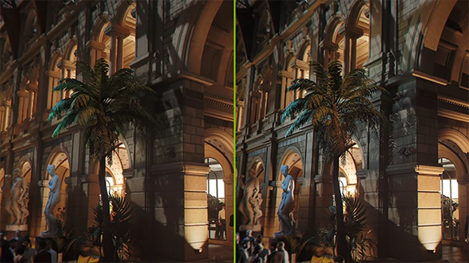 Side-by-side comparison showing path tracing enabled versus disabled in 007 First Light