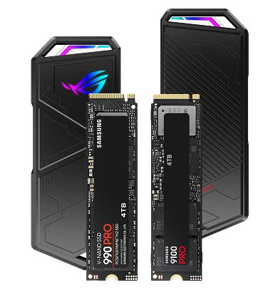 Two Samsung SSDs standing upright