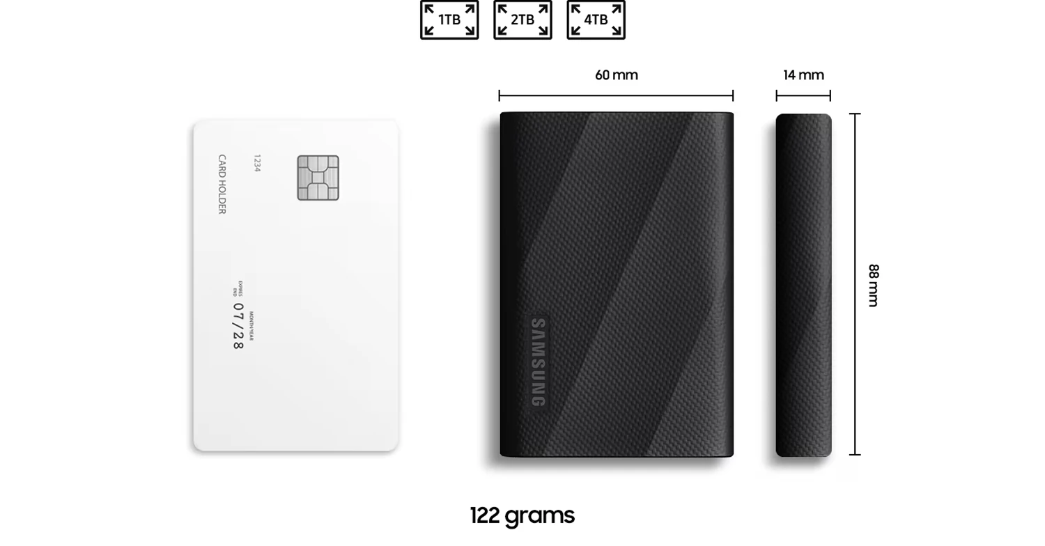 Samsung T9 SSD dimensions - 60mm wide, 14mm deep